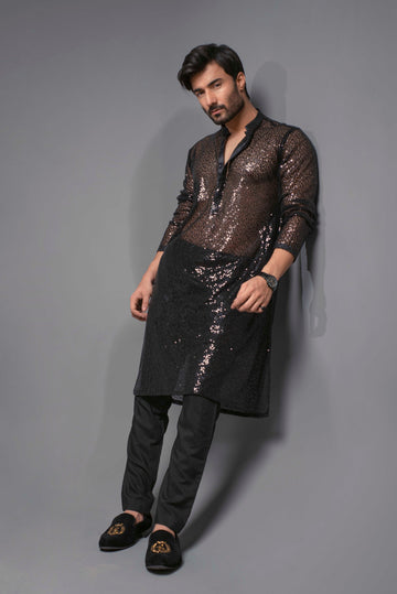 Black Color Net Kurta Pajama For Men